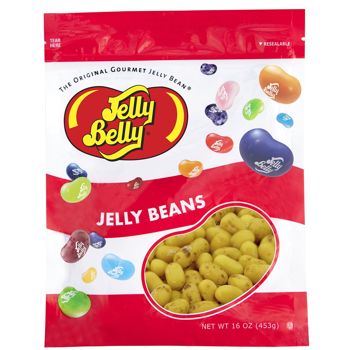 Jelly Belly Top Banana jelly beans in a 16 oz bag for easy snacking.