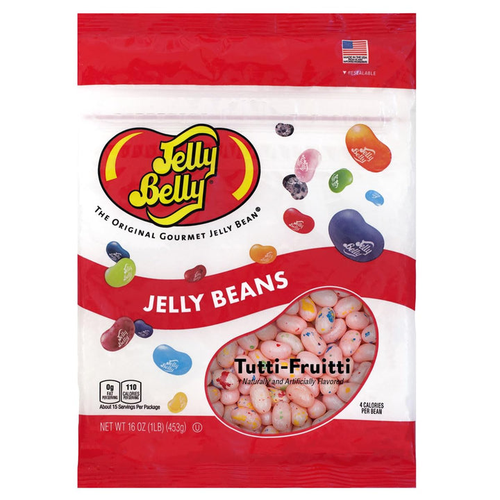 Jelly Belly Tutti-Frutti jelly beans in a resealable bag for freshness.