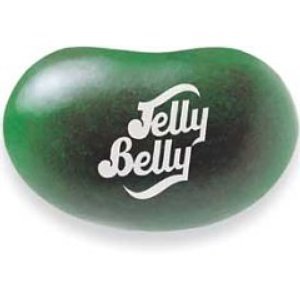 Close-up cross-section of a Watermelon Jelly Bean showing green shell and red center