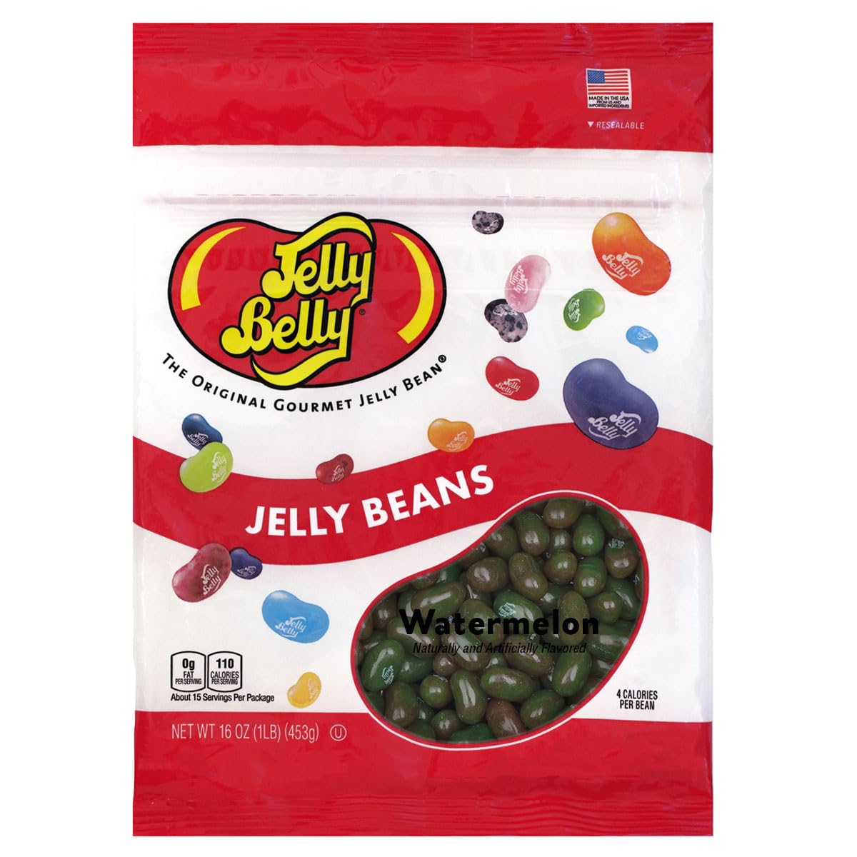 Jelly Belly Watermelon Jelly Beans in resealable bag, fresh and ready to enjoy