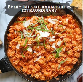 Jellybean Foods Radiatore pasta al dente texture highlights sauce-holding ability on plates.
