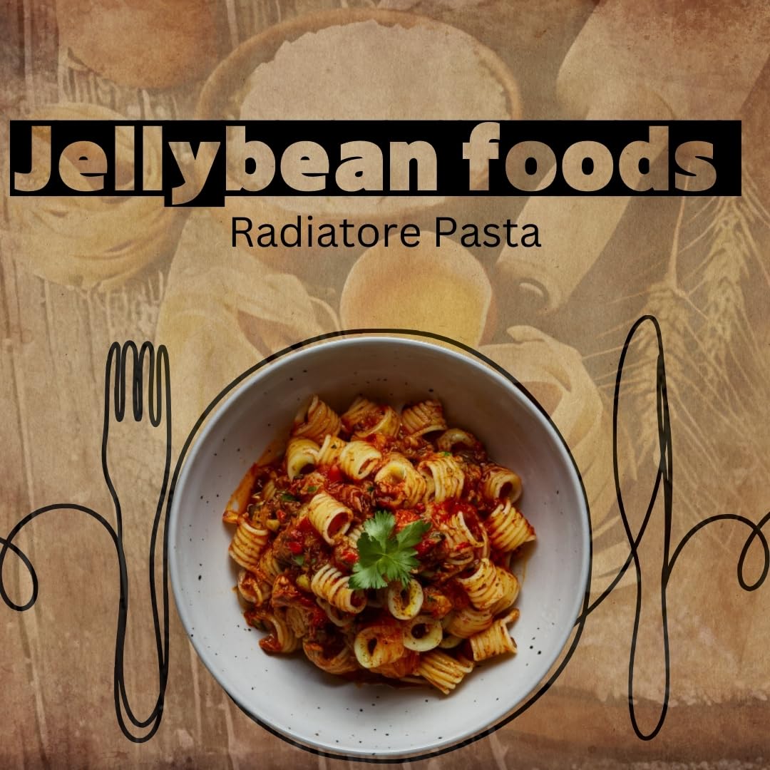 Jellybean Foods Radiatore pasta dry noodles highlight premium durum wheat for authentic al dente texture.