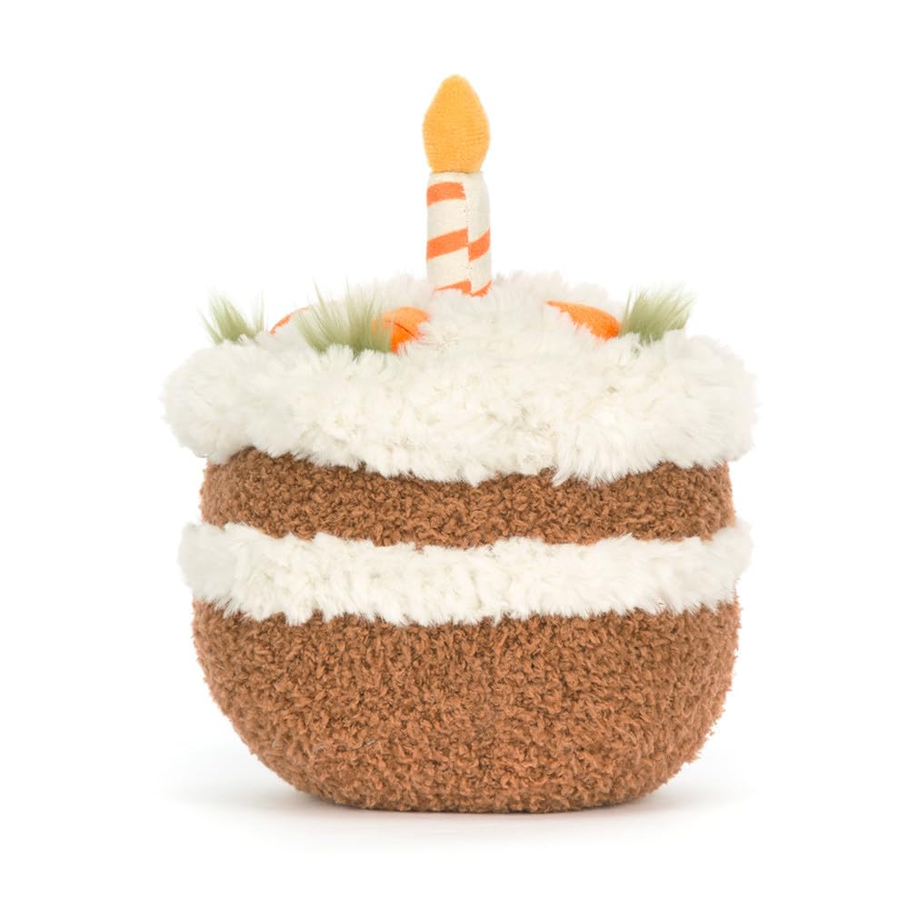Profile view of Jellycat Carrot Cake highlighting its charming compact size