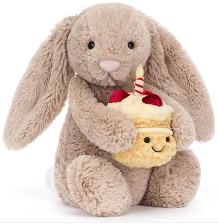Jellycat Bashful Beige Bunny with birthday cake detail for cuddly gift moments.