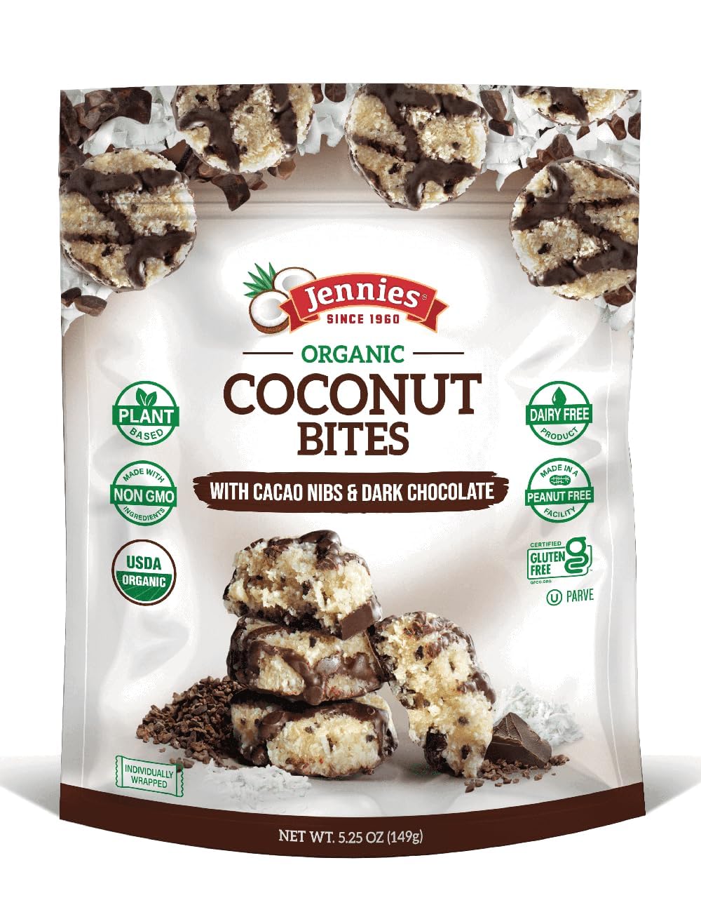 Jennies coconut bites with cacao nibs and dark chocolate for rich flavor.