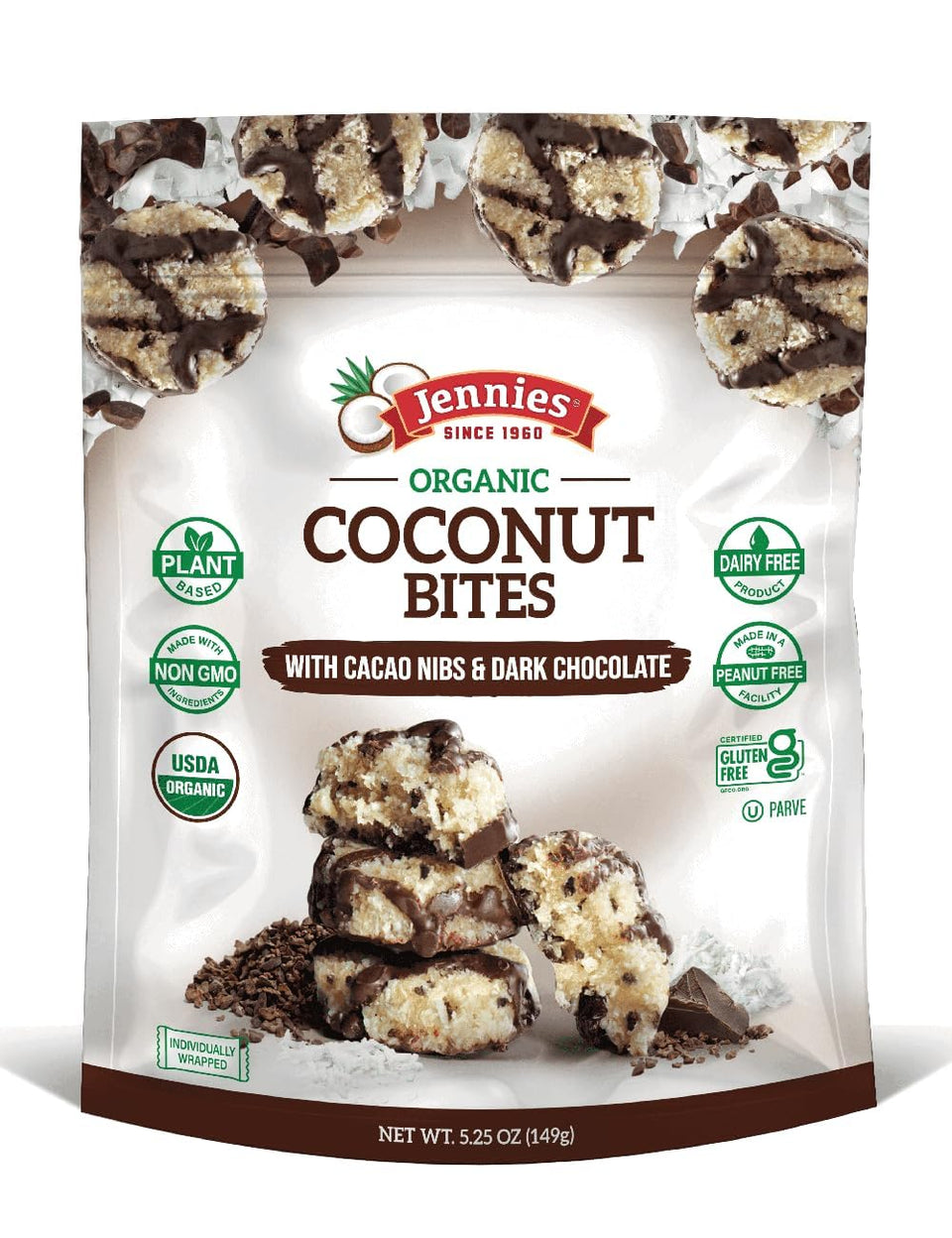 Jennies coconut bites with cacao nibs and dark chocolate for rich flavor.