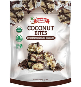 Jennies coconut cacao nibs bites close-up, rich chocolate and coconut texture for snacking.