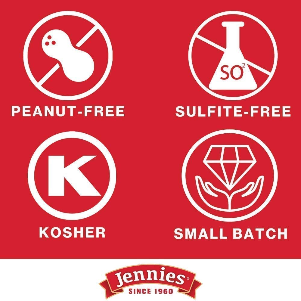 Jennies non-GMO plant-based snack close-up showcases natural cacao and coconut.