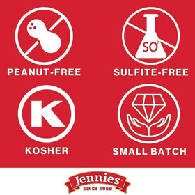 Jennies non-GMO plant-based snack close-up showcases natural cacao and coconut.