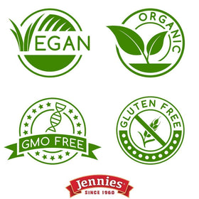 Jennies organic sulfite-free coconut close-up emphasizes clean, plant-based ingredients.