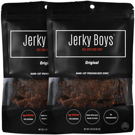Jerky Boys Premium Beef Jerky Original two-pack on shelf, high-protein snack option