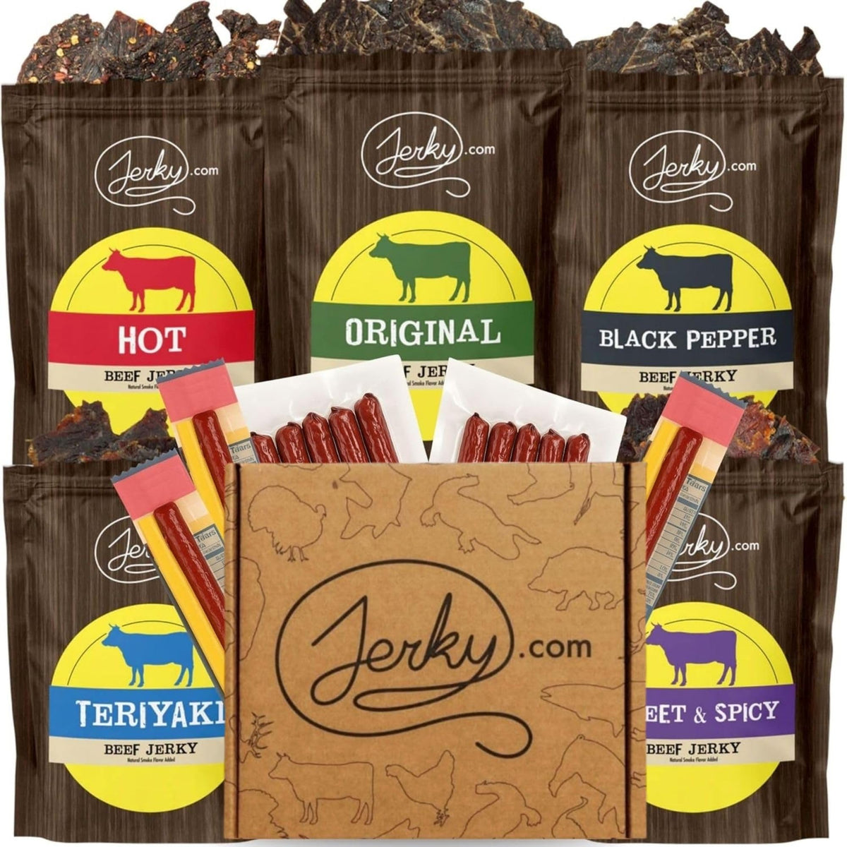 Jerky.com 21-piece beef jerky variety box display for on-the-go snacking