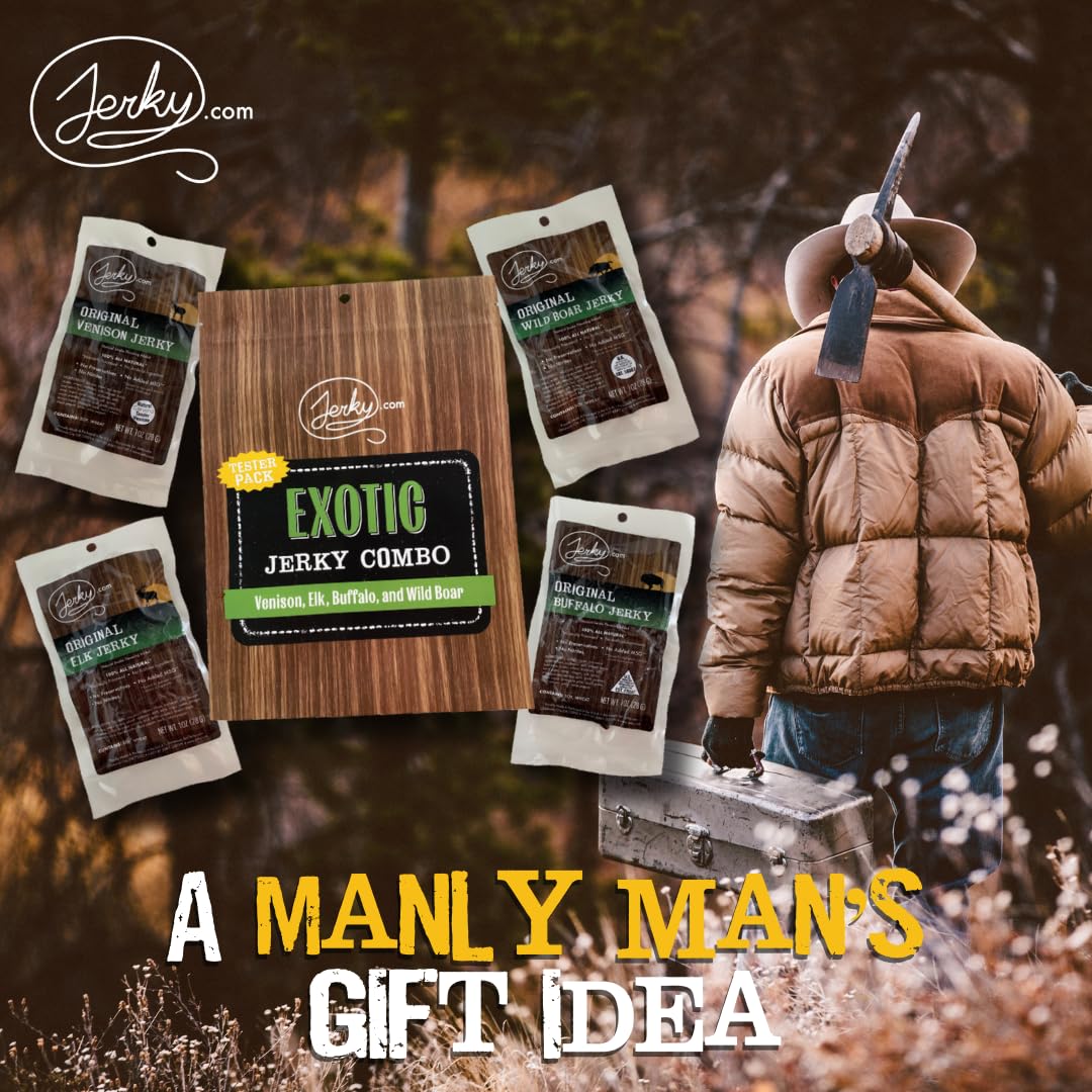 Jerky.com Exotic meat sampler showcasing four distinct flavors