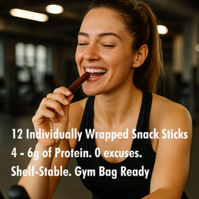 Jerky.com Hot flavor stick in gym-ready scene suggests energetic snack.