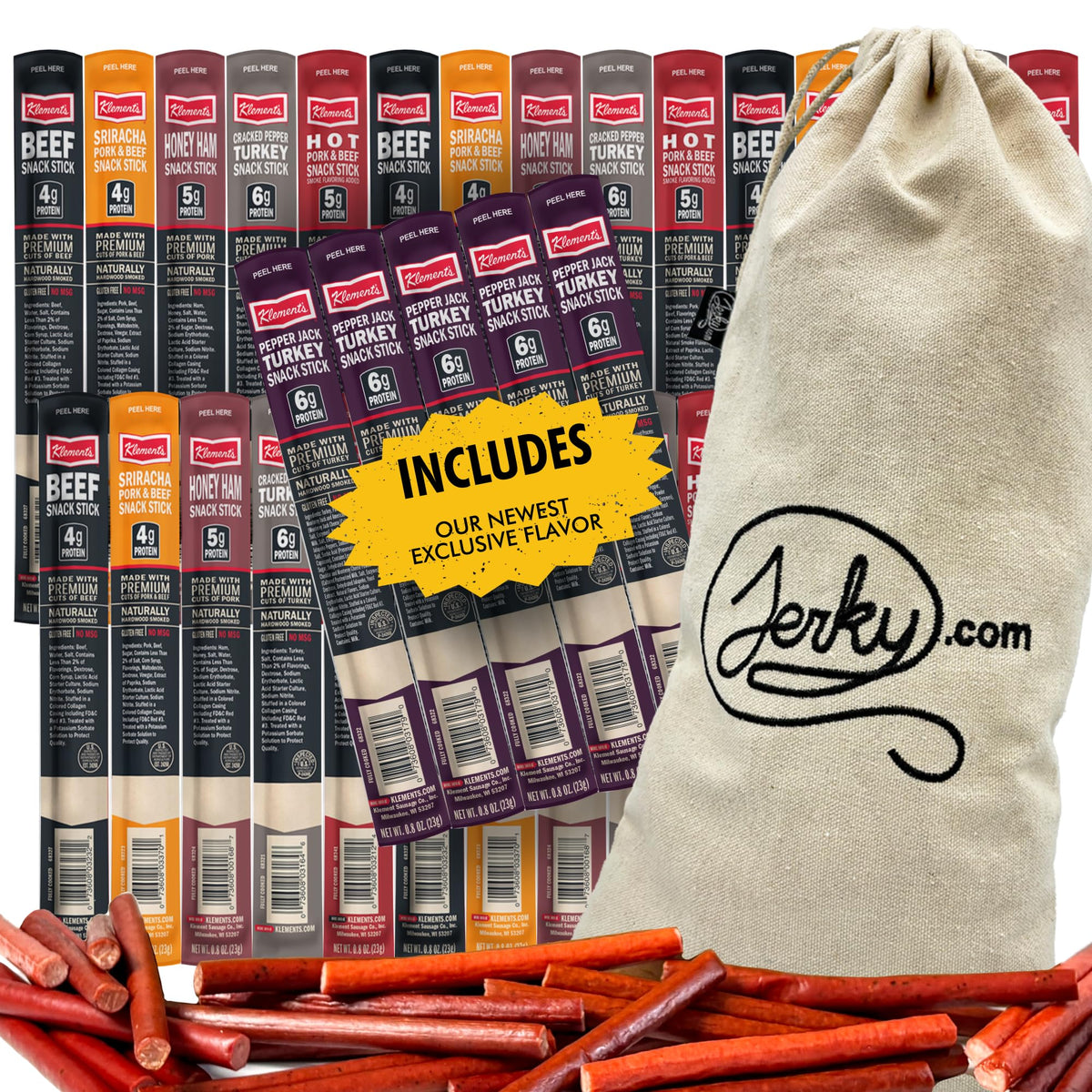 Jerky.com Jerky Gift Basket 30-piece collection in a durable canvas bag for gift-giving.
