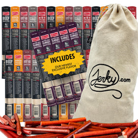 Jerky.com Jerky Gift Basket 30-piece collection in a durable canvas bag for gift-giving.