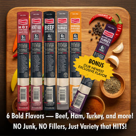 Jerky.com Meat Sticks Variety Pack highlights six flavors for bold, on-the-go snacking.