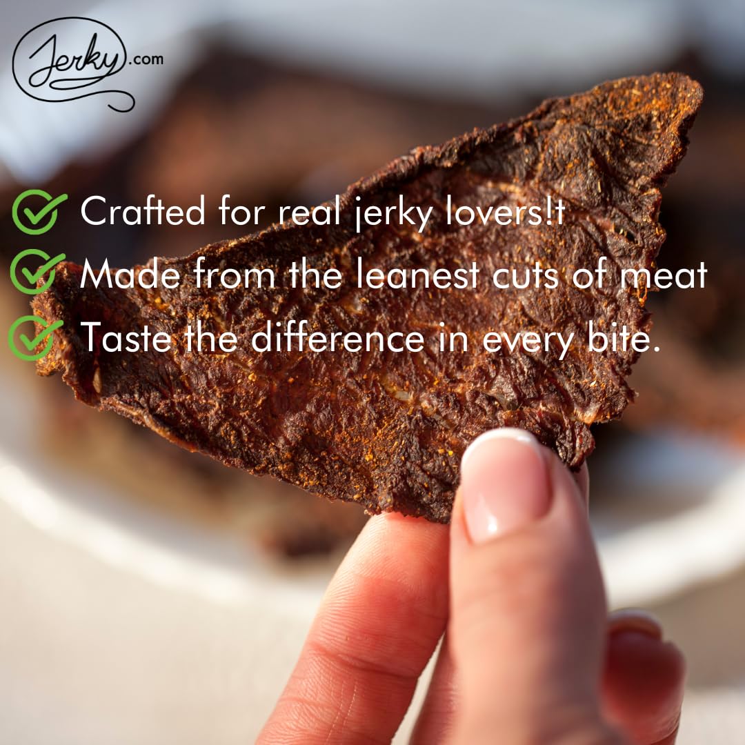 Jerky.com sweet and spicy beef jerky with vibrant coating for road trips and gym bag snacks