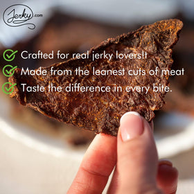 Jerky.com sweet and spicy beef jerky with vibrant coating for road trips and gym bag snacks