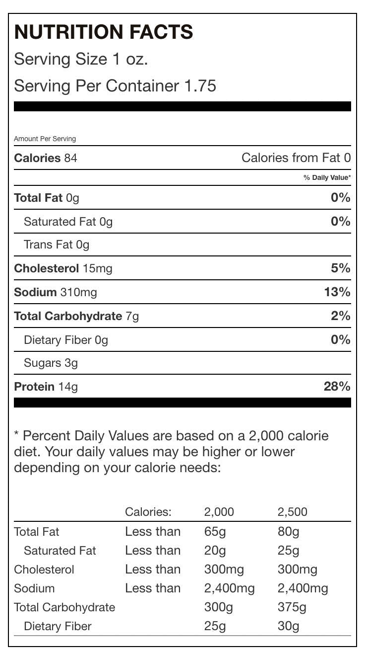 Ostrich jerky nutrition panel showing high-protein, all-natural ingredients.