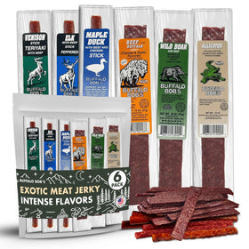 Buffalo Bob's wild game jerky six-pack for on-the-go snacking.