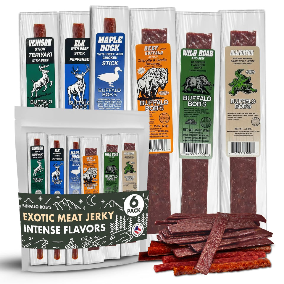 Buffalo Bob's wild game jerky six-pack for on-the-go snacking.