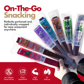 Jerky-n-Spice Exotic Jerky Gift Box packaging open for tasting variety