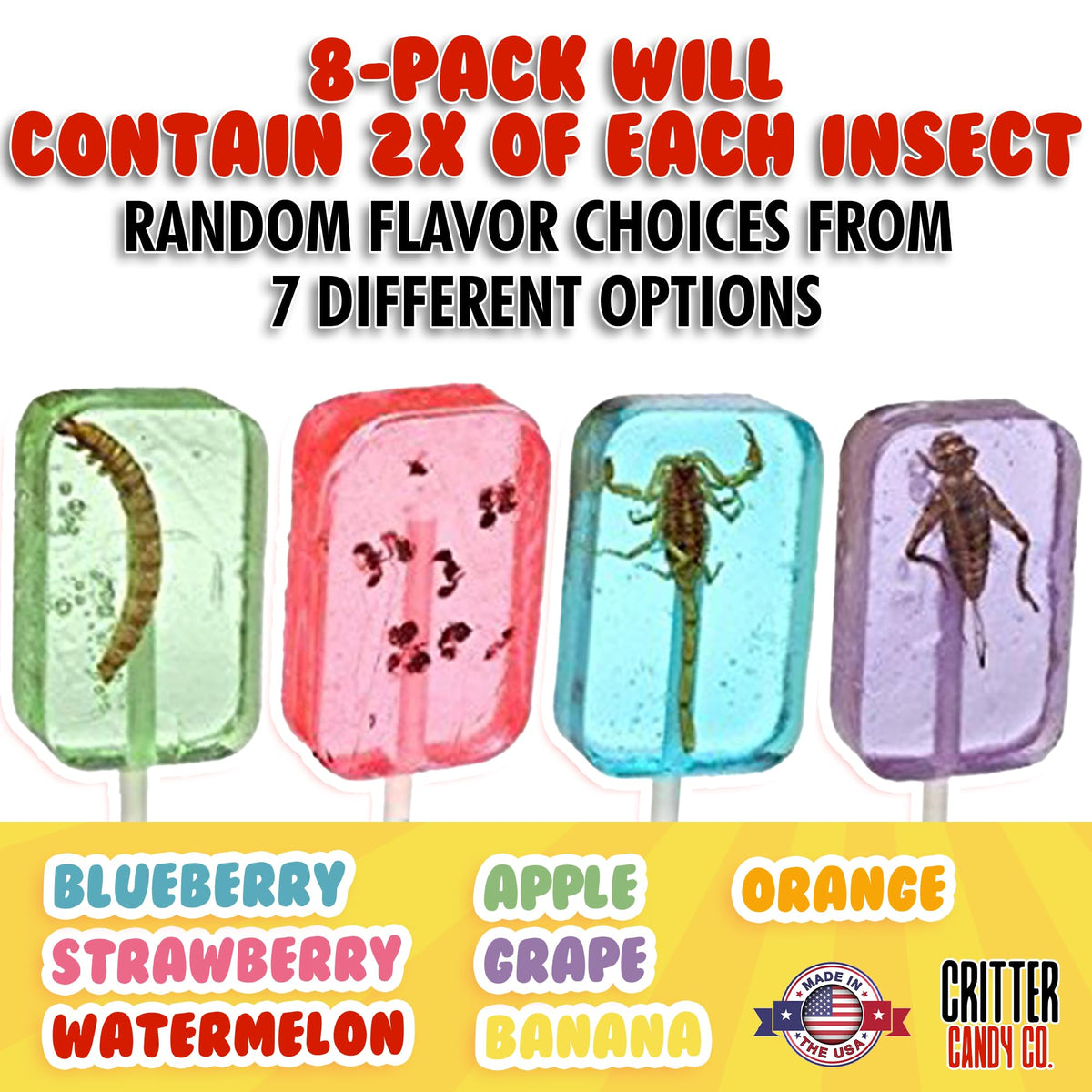 Jerky-n-Spice HotLix suckers varieties closeup showing edible insects inside.