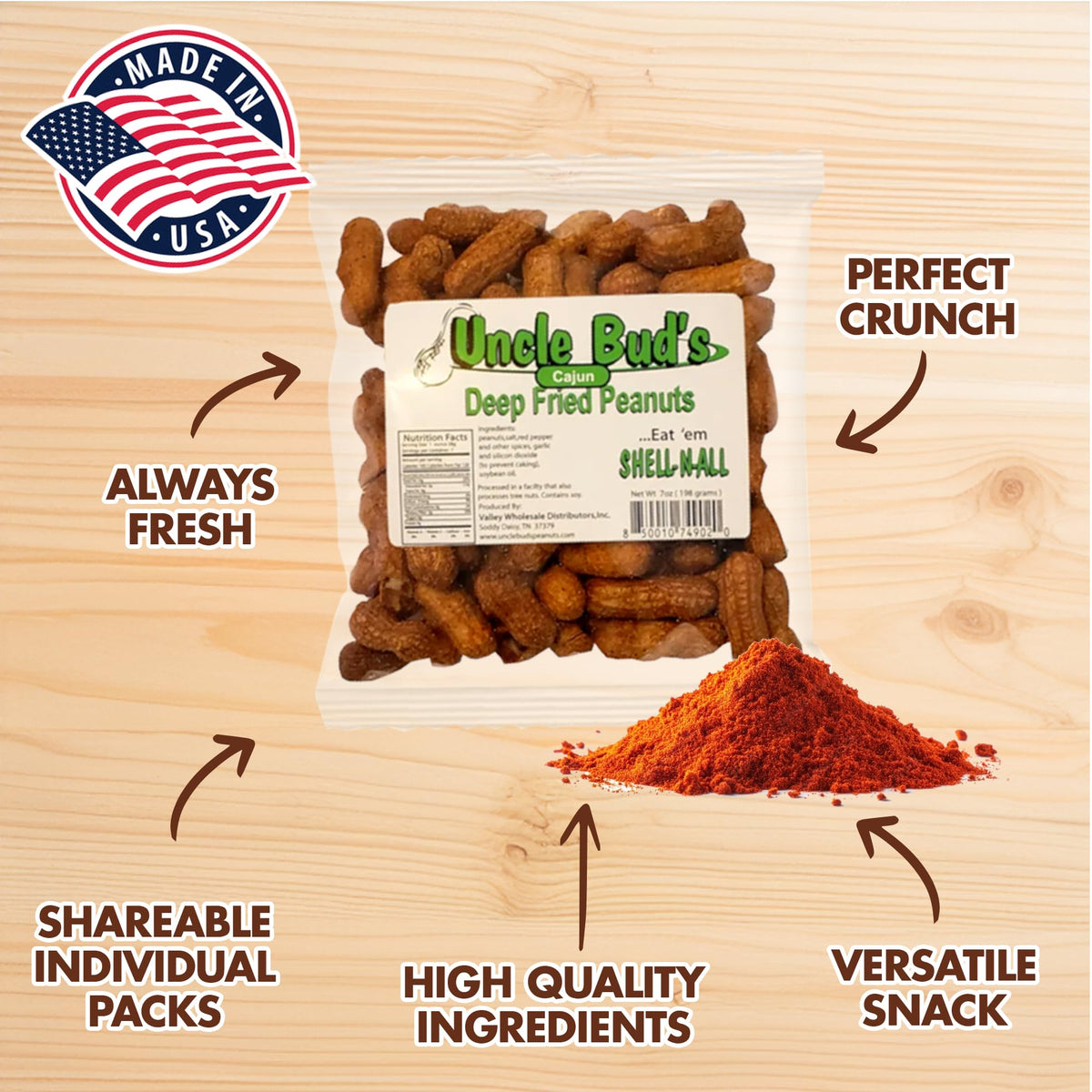 Uncle Bud's Cajun-flavored peanuts are perfect for camping and sharing.