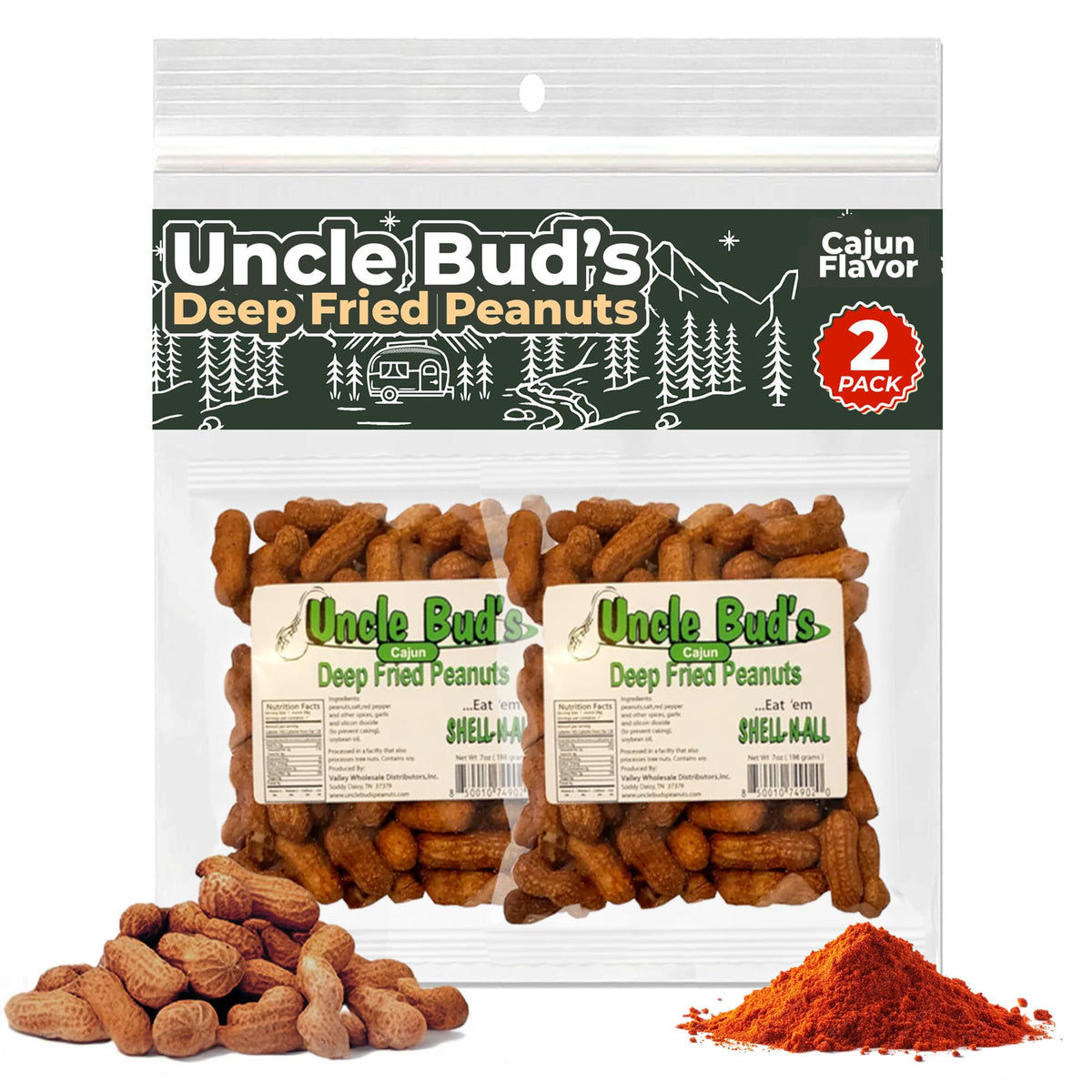 Uncle Bud's 2-pack shell-on peanuts with Cajun flavor deliver bold crunch.
