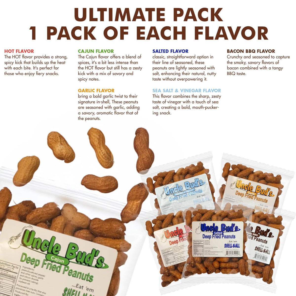 Uncle Bud's Cajun in-shell peanuts with bold flavor for on-the-go snacking