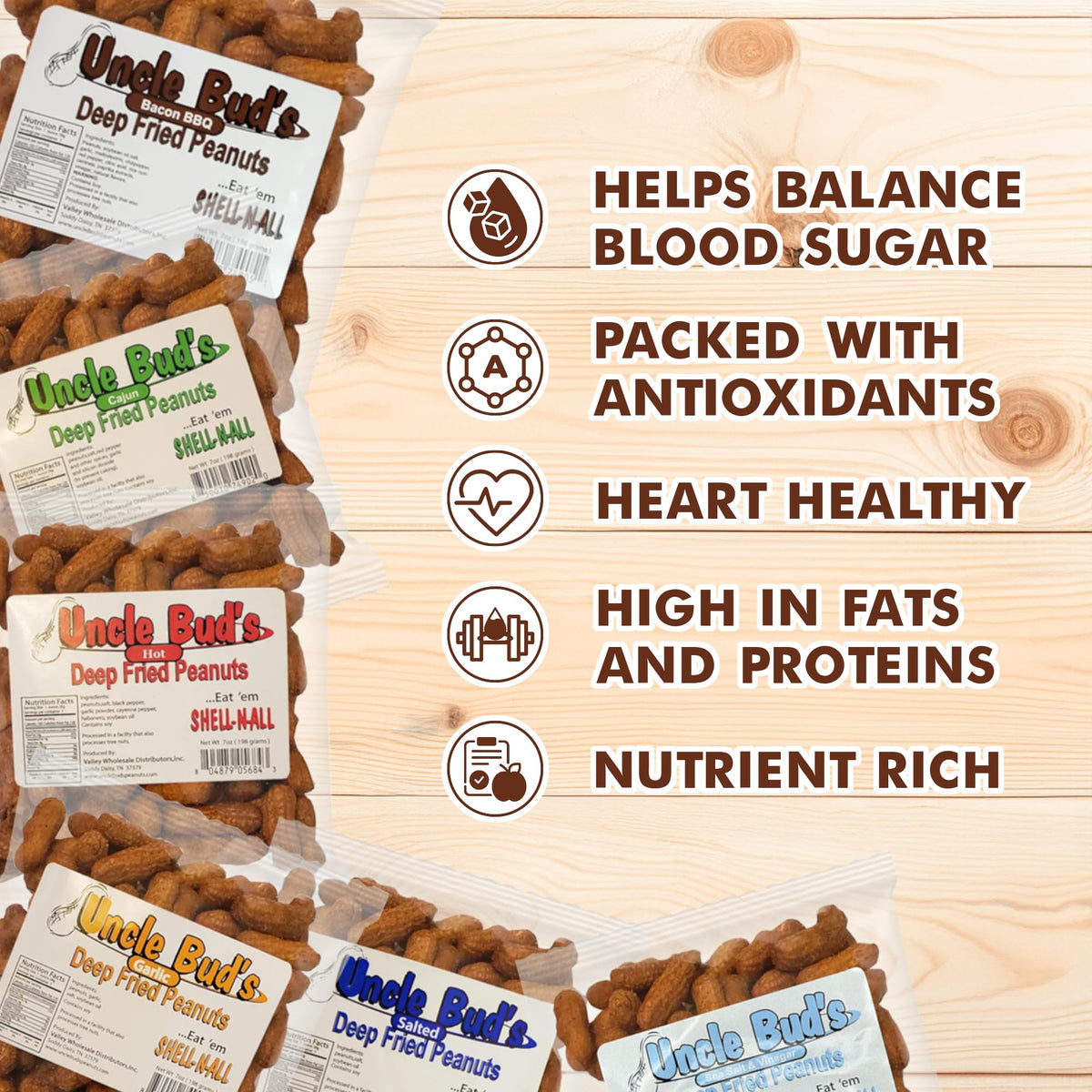 Uncle Bud's hot in-shell peanuts with bold spicy crunch for game night