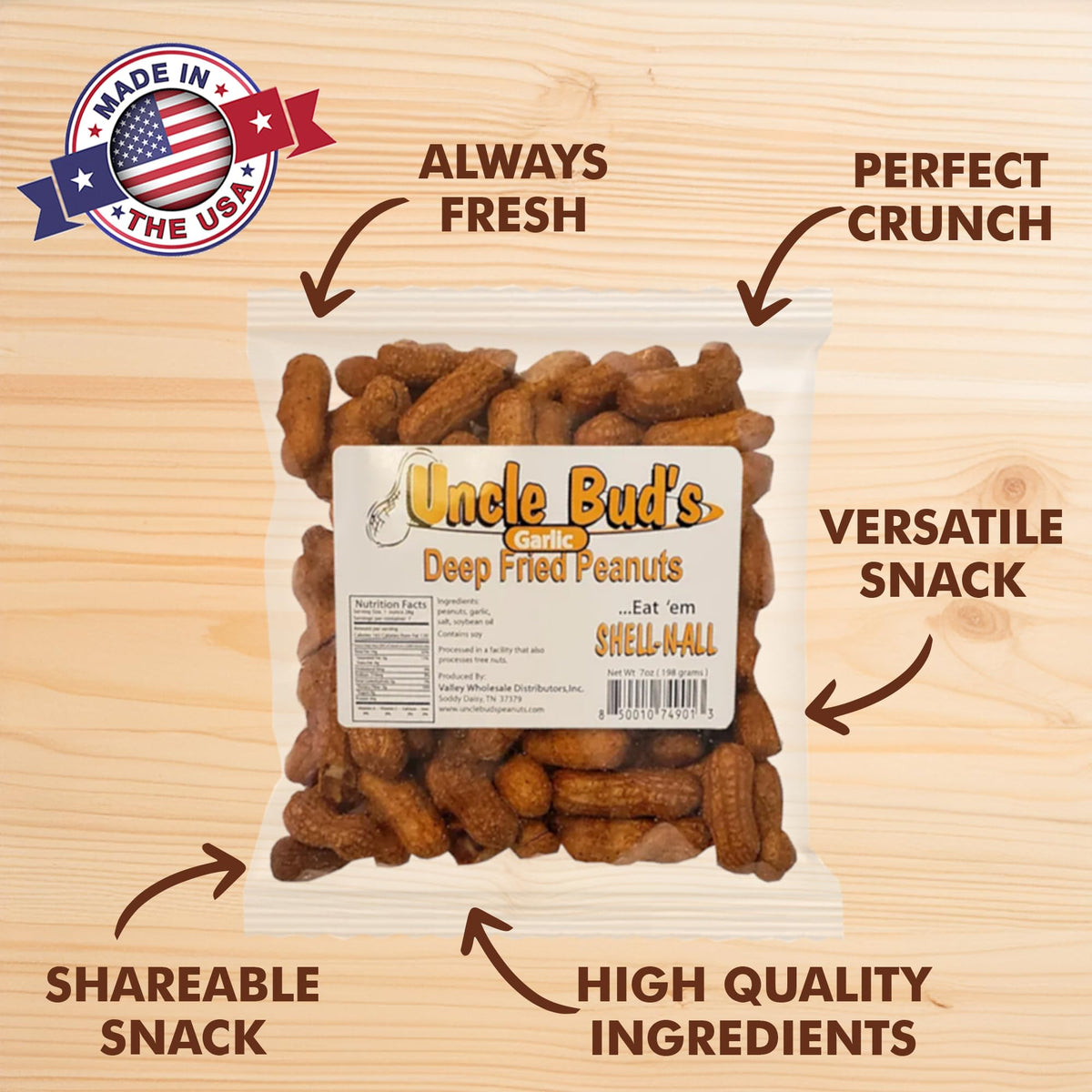 Uncle Bud's Salt and Vinegar in-shell peanuts with tangy zest and crunch