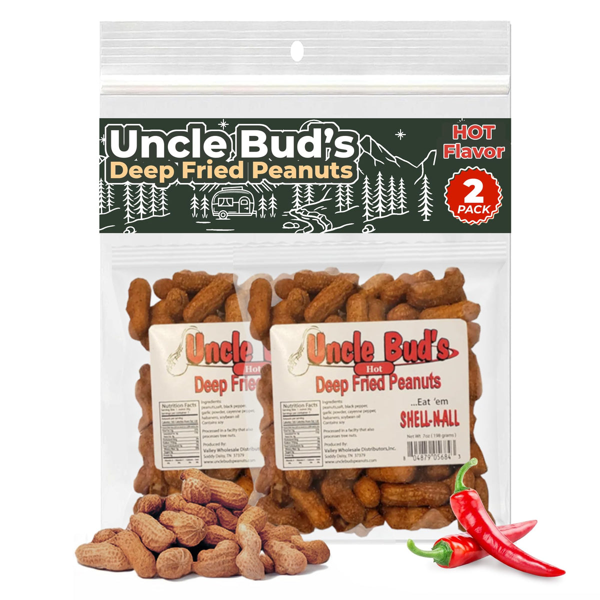 Jerky-n-Spice Uncle Bud's deep fried peanuts in shell 2-pack on display for gatherings