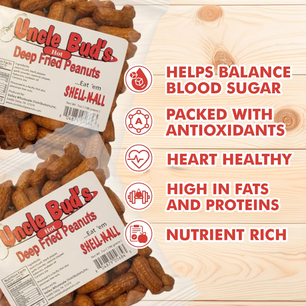 Uncle Bud's deep fried peanuts shell crunch closeup showing bold spicy flavor and texture