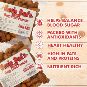 Uncle Bud's deep fried peanuts shell crunch closeup showing bold spicy flavor and texture