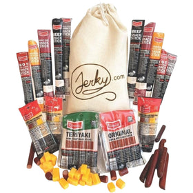 Jerky.com 26pc Variety Pack Gift Bag displays assorted sticks for gifting occasions