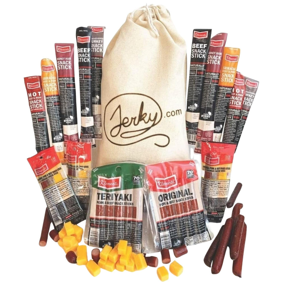 Jerky.com 26pc Variety Pack Gift Bag displays assorted sticks for gifting occasions
