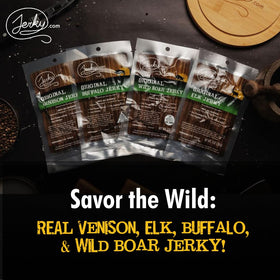 Jerky.com Elk jerky sticks, bold, protein-packed for outdoor adventures.
