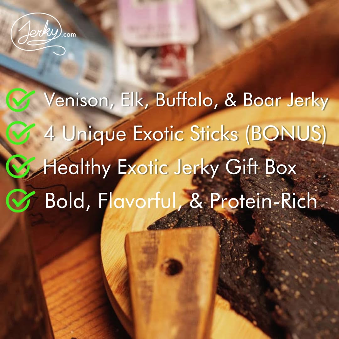 Jerky.com Exotic Jerky Gift Box, open reveal, individually wrapped portions for on-the-go snacking.