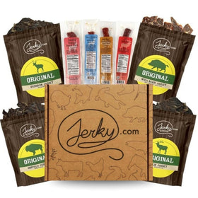 Jerky.com Exotic Jerky Gift Box, top view, ideal for gifting outdoor enthusiasts.