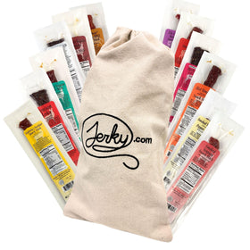 Jerky.com exotic meat sticks gift bag packaging shows premium assortment.
