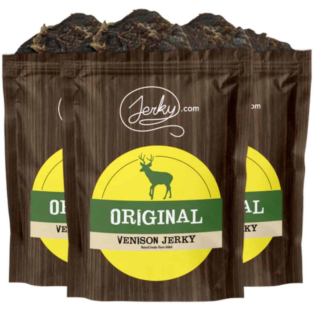 Jerky.com Original Venison Jerky 3-Pack front view, portable protein for outdoor adventures