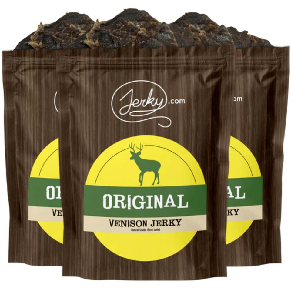 Jerky.com Original Venison Jerky 3-Pack front view, portable protein for outdoor adventures