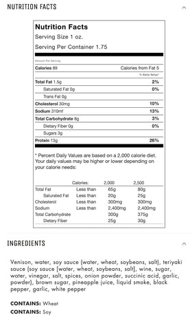 Jerky.com Original Venison Jerky 3-Pack ingredient list closeup highlighting lean, all natural meat