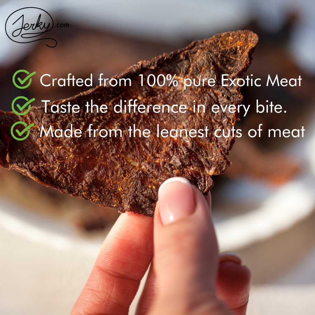 Jerky.com Venison jerky slices, high-protein snack option for active days.