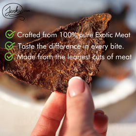 Jerky.com Venison jerky slices, high-protein snack option for active days.