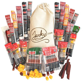 Jerky.com XXL beef jerky variety pack displayed, ideal for gifts and family snacking.