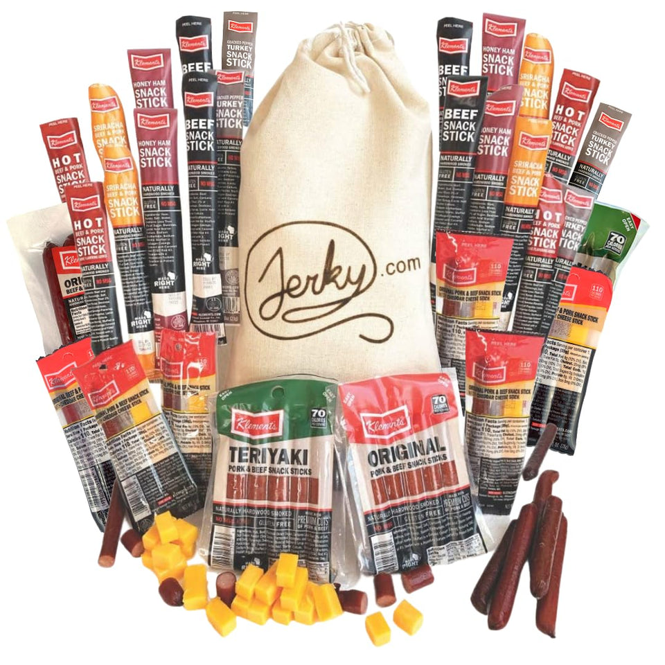 Jerky.com XXL beef jerky variety pack displayed, ideal for gifts and family snacking.