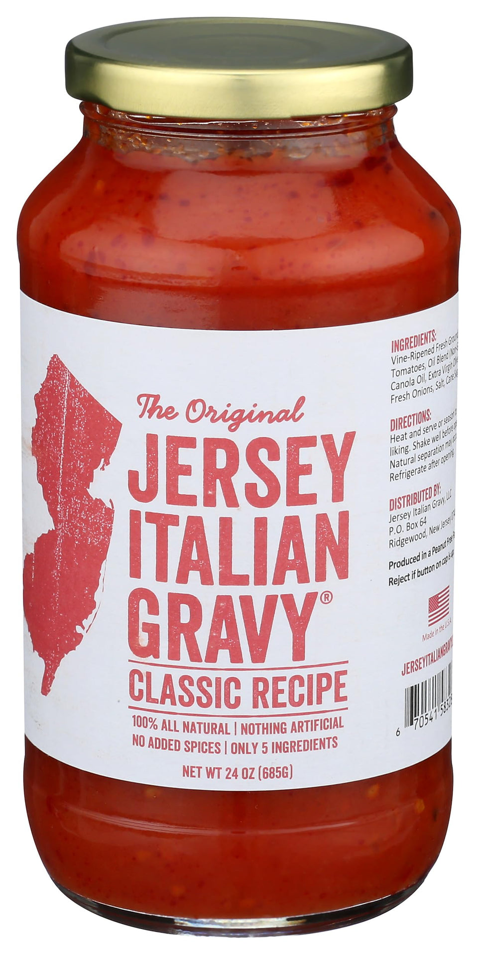 Jersey Italian Gravy jar front label, NJ-style sauce ideal for weeknight pasta